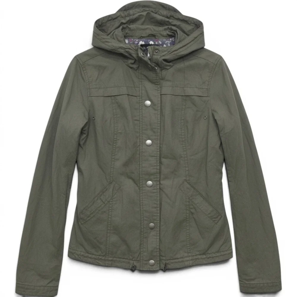 Aeropostale Womens XS Olive Green‎ Hooded Utility Jacket Floral Lining Full Zip